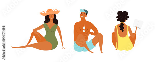 Woman, man in swimsuit, sitting, talking, reading book, illustration isolated set. Summer holidays, resort, beach. Flat design element, cartoon character collection, hand drawn vector clip art