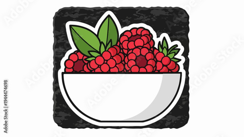 A bowl of ripe raspberries with green leaves against a textured dark background
