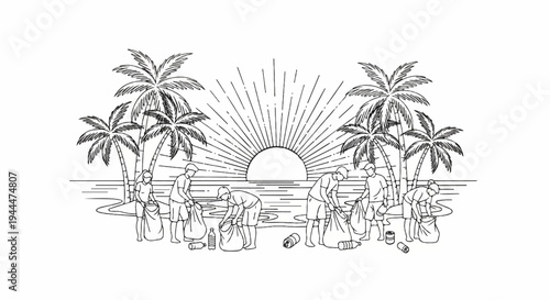 People cleaning a beach with palm trees and a sunburst