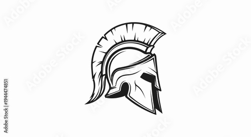A bold, black outline drawing of a warrior's helmet with a distinctive crest