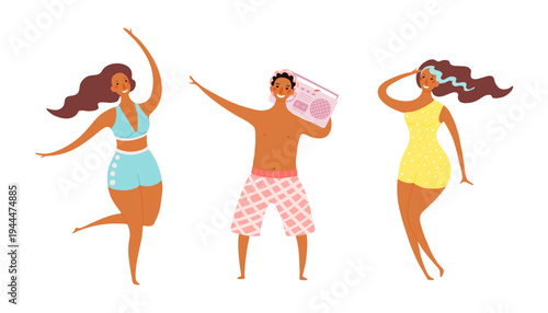 Beautiful women, man in swimsuit, having fun on beach, dancing, illustration isolated set. Summer holidays, resort. Flat design element, cartoon character collection, hand drawn vector clip art