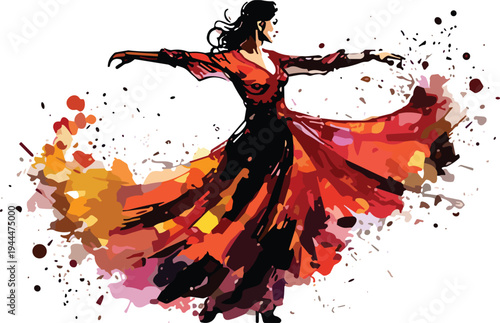 flamenco dancer watercolor illustration, passionate spanish dance woman in flowing red dress, artistic paint splash movement isolated on white background
