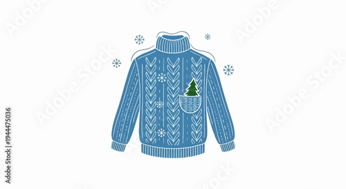 A blue knitted sweater with a Christmas tree in the pocket