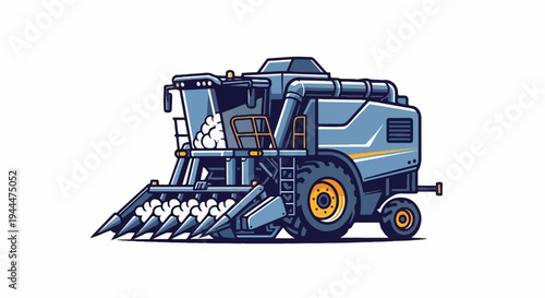 A blue harvesting machine with yellow accents on a white background