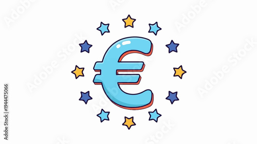A blue euro symbol is surrounded by yellow and blue stars