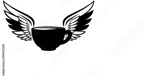 A black teacup with feathery wings taking flight