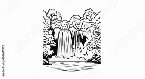 Lush forest with a multi-tiered waterfall cascading into a calm body of water