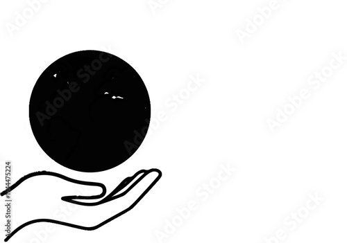 A black sphere rests on an open, stylized hand
