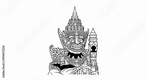 Ornate mythological figure with elaborate headdress and fierce expression