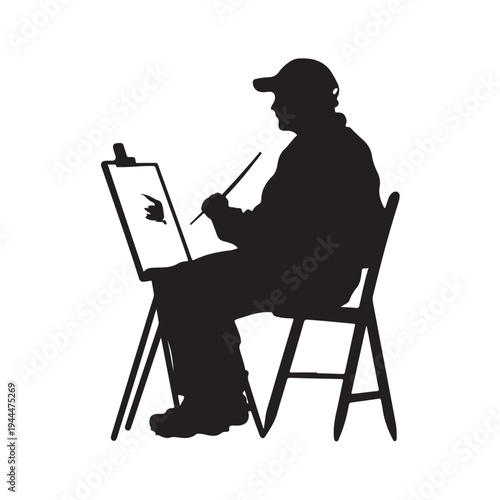 Silhouette of an male artist painting a canvas on an easel. vector illustration