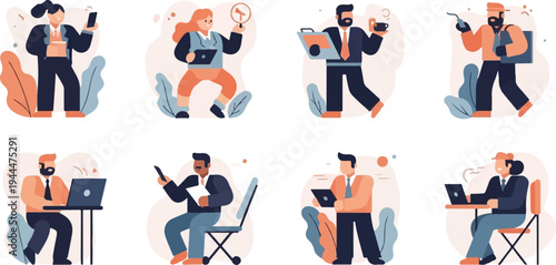 A collection of diverse professionals engaged in various office and mobile work activities