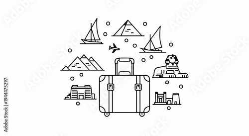 Luggage surrounded by Egyptian icons and travel symbols