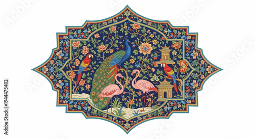 Ornate navy textile design features exotic birds amidst lush floral patterns