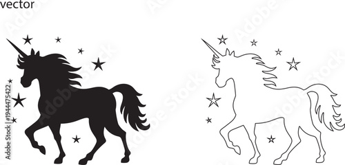 Unicorn vector set, Unicorn Silhouette Illustration Isolated on White Background. Unicorn line act 