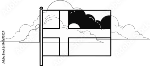 A flag with a dark cloud pattern flies against a cloudy sky