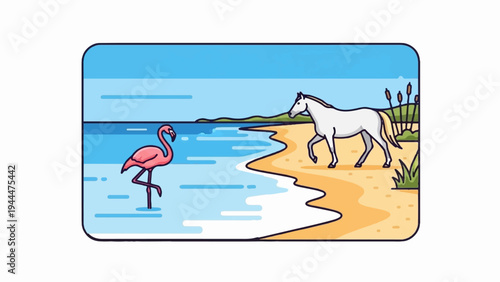 A flamingo stands in blue water, a horse walks on sand