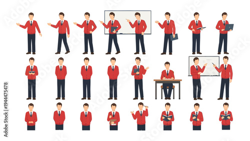 Various Poses of a Person in Red Shirt: A collection of multiple poses of a person, showcasing a range of actions and gestures, ideal for design and communication purposes.