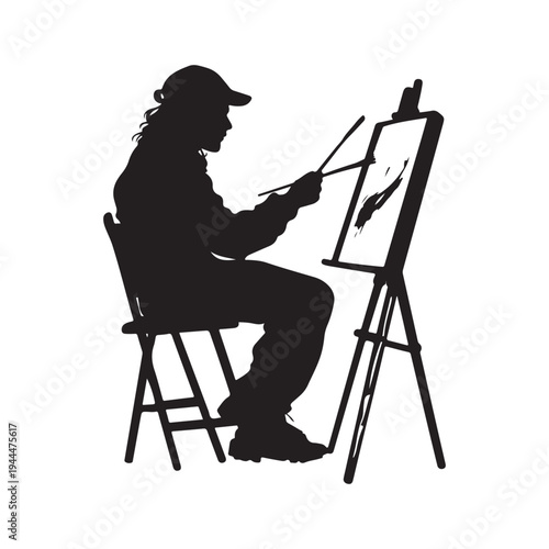 Silhouette of an male artist painting a canvas on an easel. vector illustration