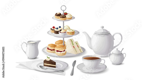 Afternoon Tea Service with Sweets and Teapot.
