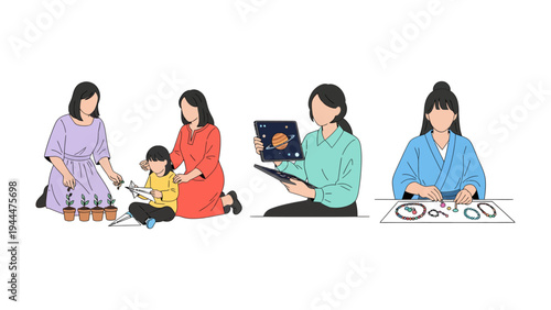 Mother and Child Bonding Moments: A heartwarming scene showcasing a mother's tender interactions with their children through gardening, reading, and crafting.