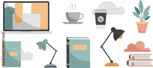 A flat illustration of study and work essentials, including a laptop, books, lamps, and coffee