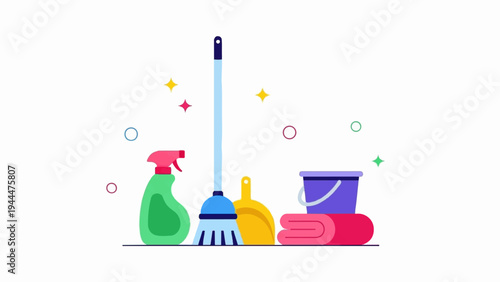 A flat illustration of cleaning supplies with sparkling accents