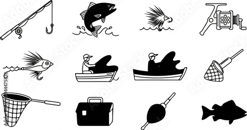 A collection of black and white icons depicting fishing activities and equipment