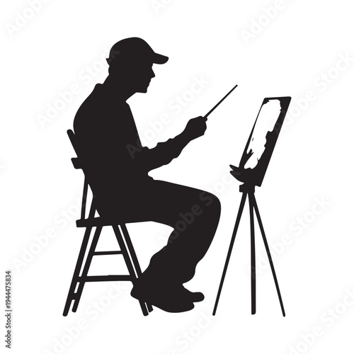 Silhouette of an male artist painting a canvas on an easel. vector illustration
