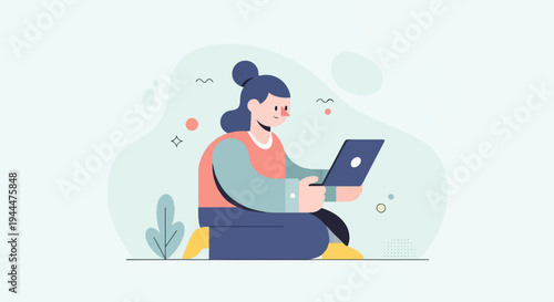 A flat-design illustration of a person using a laptop on a light blue background