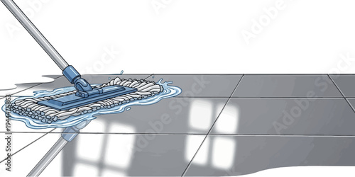 A floor mop cleaning a tiled floor with water splashing