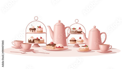 Pink Tea Set with Pastries and Sweets.