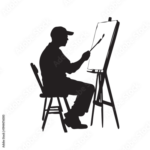 Silhouette of an male artist painting a canvas on an easel. vector illustration