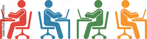 office workers using laptop icons, colorful people working at desk illustration, remote work, business workplace productivity concept isolated