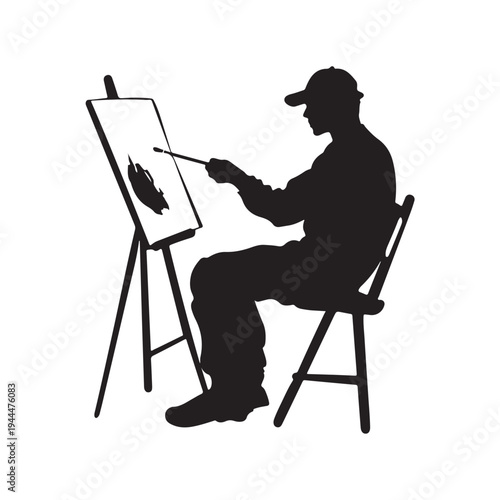 Silhouette of an male artist painting a canvas on an easel. vector illustration