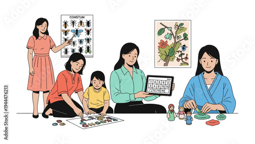 Educational Moments: A mother guides her children through a mix of learning and creative pursuits.