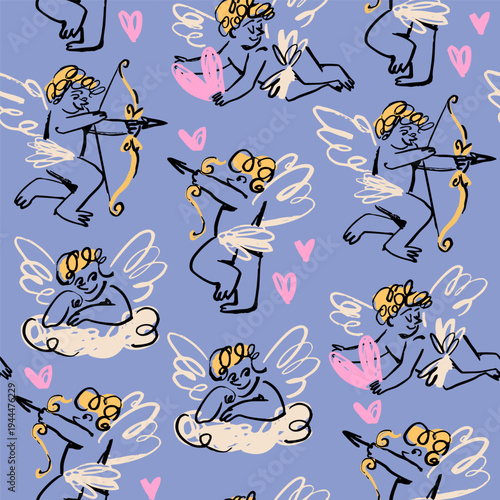 Cupid with bow, arrow, heart, on cloud. Cute winged characters. Hand drawn Vector illustration. Valentine's Day, romance, love concept. Quirky, crayon, childish style. Square seamless Pattern
