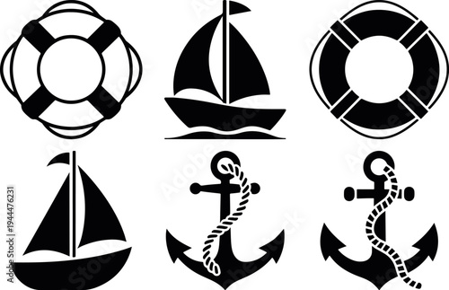 nautical marine anchor lifebuoy sailing ship silhouette icon set sea travel symbols, ocean sailing boat maritime pictogram vector collection, nautical anchor ship sea travel icon pack