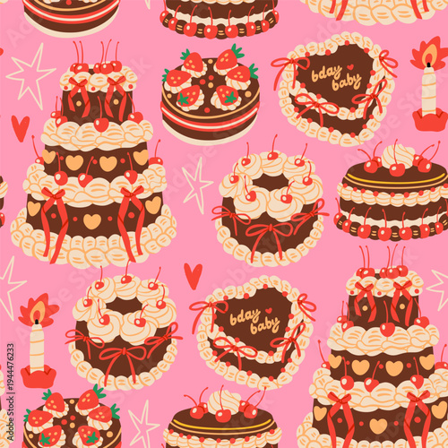 Various chocolate Cakes with cherry, cream, strawberry. Sweet tasty food. Hand drawn trendy Vector illustration. Party, wedding, anniversary, celebration, birthday concept. Square seamless Pattern