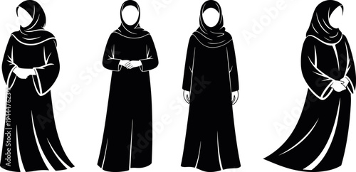 muslim woman hijab abaya silhouette icon set modest islamic female clothing characters, arab muslim female dress traditional silhouette pictogram collection, hijab woman modest fashion vector icon 