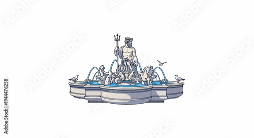 Ornate stone fountain with sculpture of a sea god and birds