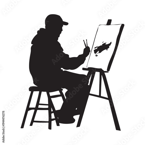 Silhouette of an male artist painting a canvas on an easel. vector illustration