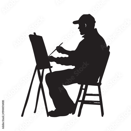Silhouette of an male artist painting a canvas on an easel. vector illustration