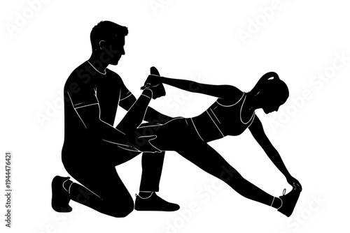 Personal Trainer Helping Woman Stretch Recovery and Flexibility Post Workout Gym Concept Black Vector