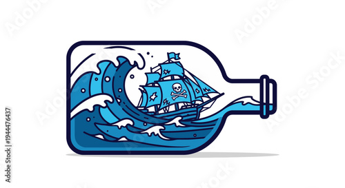 A sailing ship navigates through turbulent waves inside a glass bottle on a table.