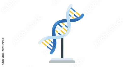 The illustration depicts a DNA double helix model on a stand with a black pole showcasing its twisted structure with blue and yellow segments in a scientific setting.