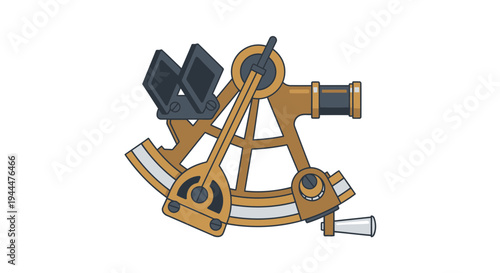 A detailed illustration of a sextant instrument used for navigation and measurement on a ship at sea with precise astronomical observations.