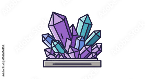 A vibrant cluster of purple and blue crystals on a gray base, showcasing their pointed shapes and various sizes in an illustration.