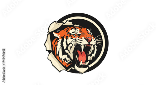 A fierce tiger bursts through a circular opening with a menacing roar in a dark graphic illustration.