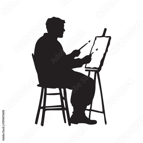 Silhouette of an male artist painting a canvas on an easel. vector illustration