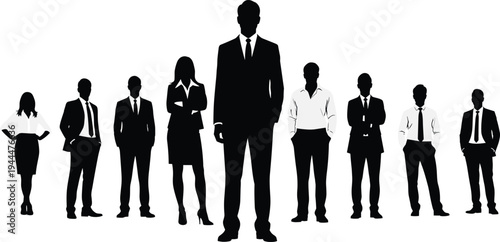Business team silhouettes standing together, professional corporate people group with leader in front, business leadership concept vector illustration isolated on white background